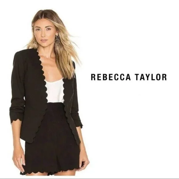 Rebecca Taylor Scalloped Blazer 6 Jacket Suit Black Long Sleeve Top Peplum Small